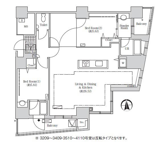 アクティ汐留(2LDK/38階)の間取り写真