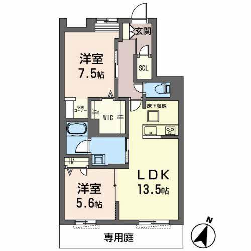 オカバ姫路岡町シャーメゾン(2LDK/1階)の間取り写真