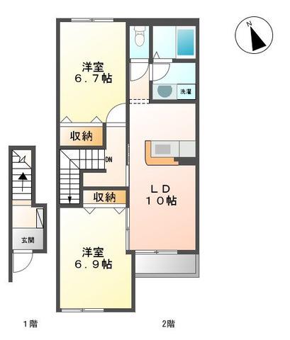 静かで落ち着いた住環境が魅力(2LDK/2階)の間取り写真