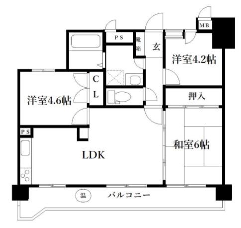 東区松田3丁目マンション(3LDK/5階)の間取り写真