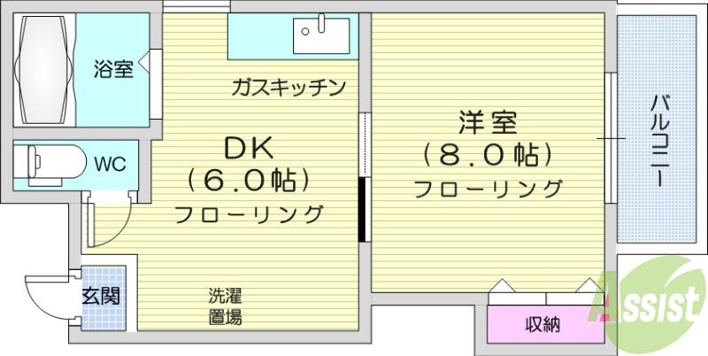 フォレスト旭ヶ丘(1DK/2階)の間取り写真