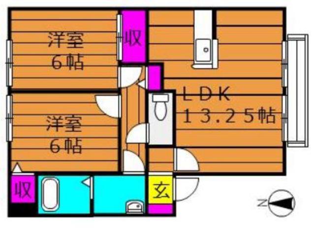 サンビレッジチェリオD棟(2LDK/2階)の間取り写真