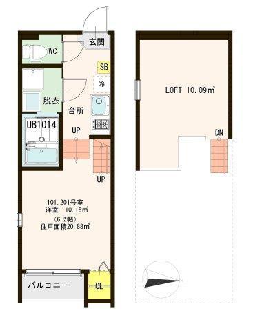 ハーモニーテラス長町VI(1K/2階)の間取り写真