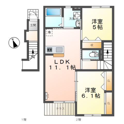 ヴェルデュール(2LDK/2階)の間取り写真