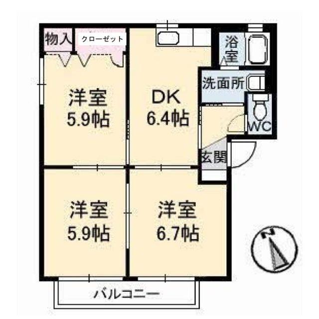 ヴィレッジ中陣 A棟(3DK/2階)の間取り写真
