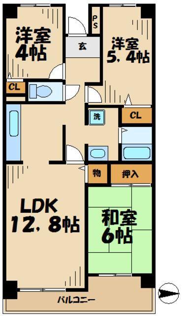 コーポレート相模原三丁目(3LDK/9階)の間取り写真