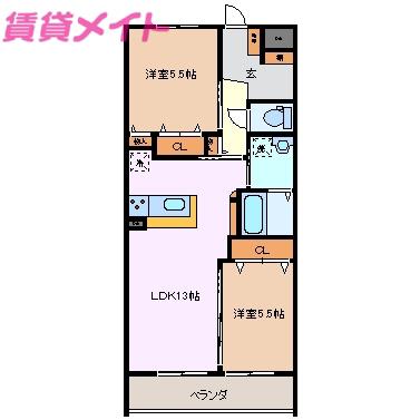 ヘスティア(2LDK/2階)の間取り写真
