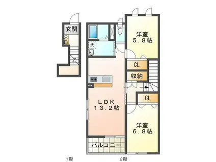 フェリーチェ B棟(2LDK/2階)の間取り写真