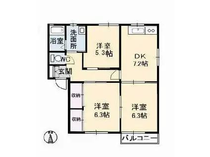 ミレニアムシェルB棟(3DK/1階)の間取り写真