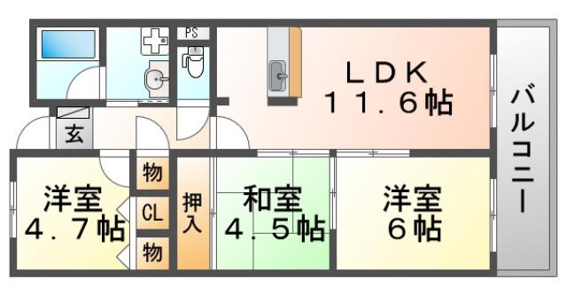 フローライト緑地公園(3LDK/1階)の間取り写真