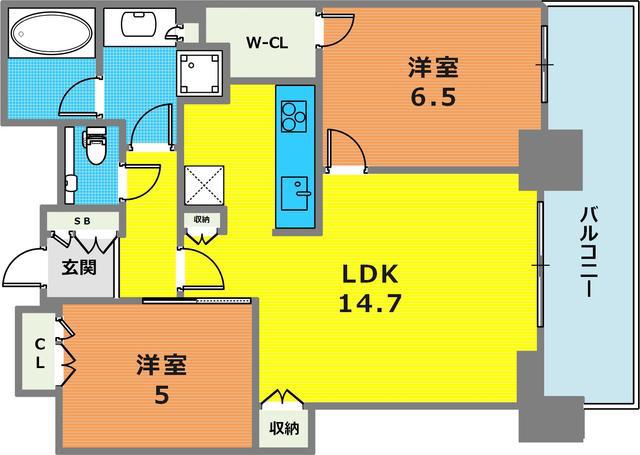 シティタワー神戸三宮(2LDK/52階)の間取り写真