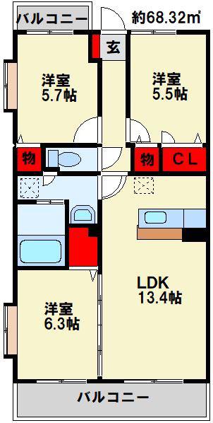 CLAIRひびきの二番館(3LDK/2階)の間取り写真