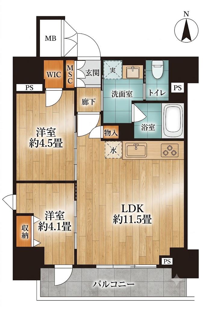 ザ・ライオンズフォーシア鶴見(2LDK/9階)の間取り写真