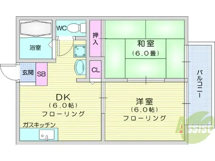 アロエ八木山B(1LDK/2階)の間取り写真