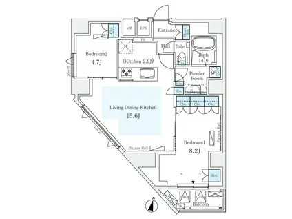 モノリス広尾(2LDK/3階)の間取り写真