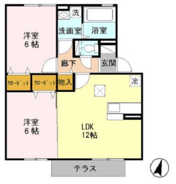 サザンハート吉岡 A棟(2LDK/2階)の間取り写真