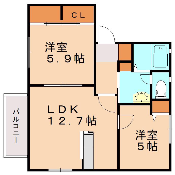 ディアスプラザ次郎丸 D棟(2LDK/2階)の間取り写真