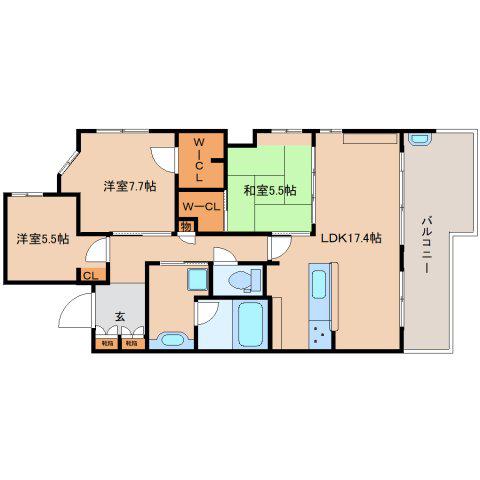 ファインフラッツ奈良町三条(3LDK/5階)の間取り写真