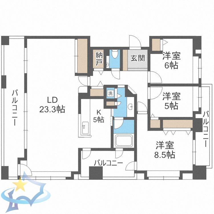 ライオンズマンション知事公館前(3LDK/13階)の間取り写真