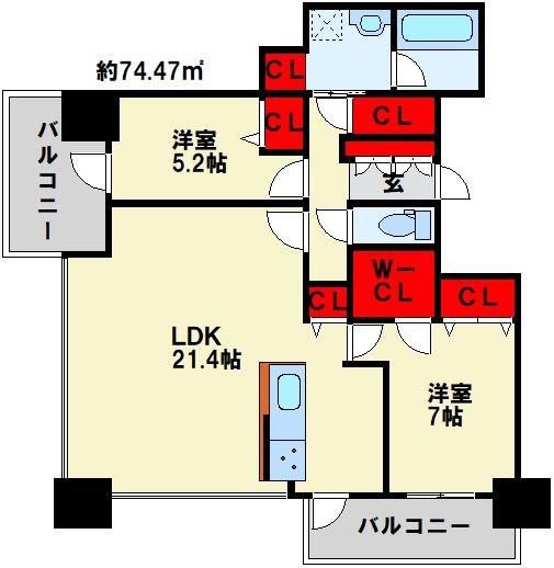 小倉D.C.TOWER(2LDK/24階)の間取り写真