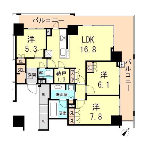 プラウドタワー神戸県庁前(3LDK/24階)の間取り写真