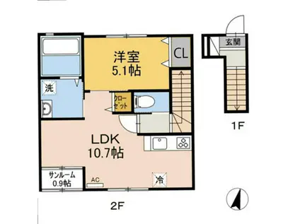 アイディール(1LDK/2階)の間取り写真