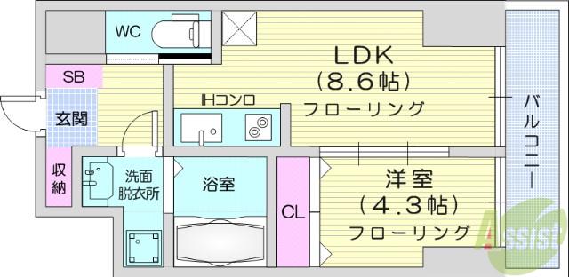 プランドビル本町Ⅱ(1LDK/9階)の間取り写真