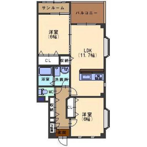 ウィルI(2LDK/1階)の間取り写真