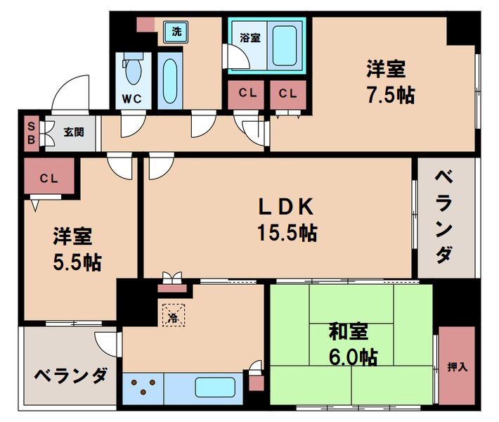 ステイツ夕陽ヶ丘五條宮前(3LDK/8階)の間取り写真