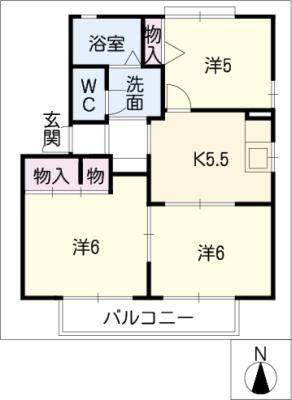 プラテアII(3DK/2階)の間取り写真