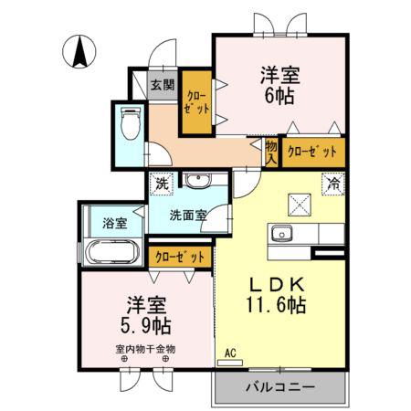 グラン ビュー ソニック B棟(2LDK/1階)の間取り写真