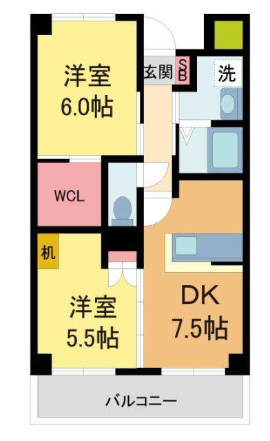 ハイタウン御殿山東(2DK/2階)の間取り写真