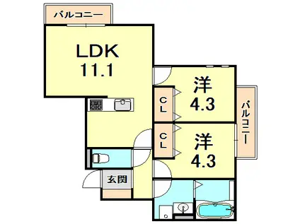 アレーズコート苦楽園(2LDK/2階)の間取り写真