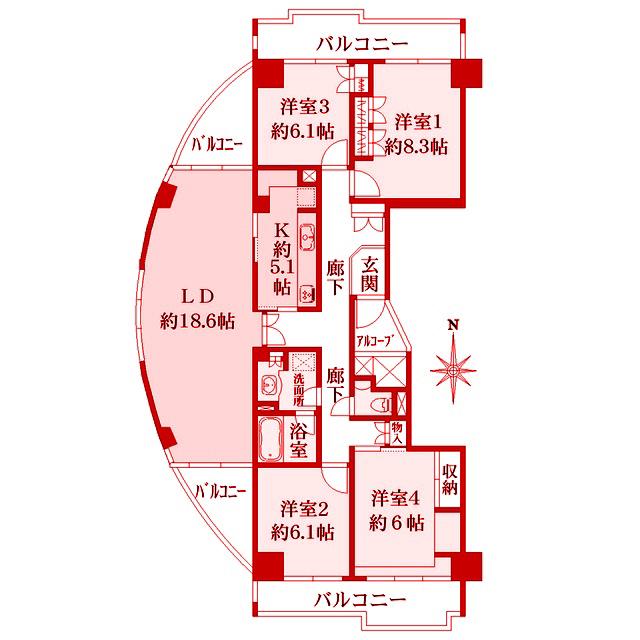 ニューシティ東戸塚パークヒルズJ棟(4LDK/3階)の間取り写真