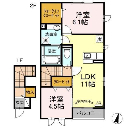 ボンジュール相模大野B(2LDK/2階)の間取り写真
