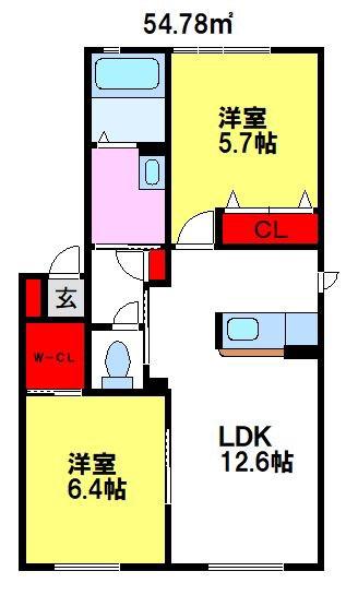エバーグリーン桜町B棟(2LDK/2階)の間取り写真