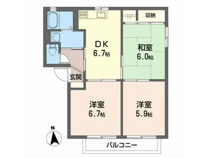 セルリアハイツ A棟(3DK/2階)の間取り写真