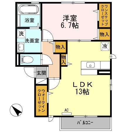 パシオーネA棟(1LDK/2階)の間取り写真