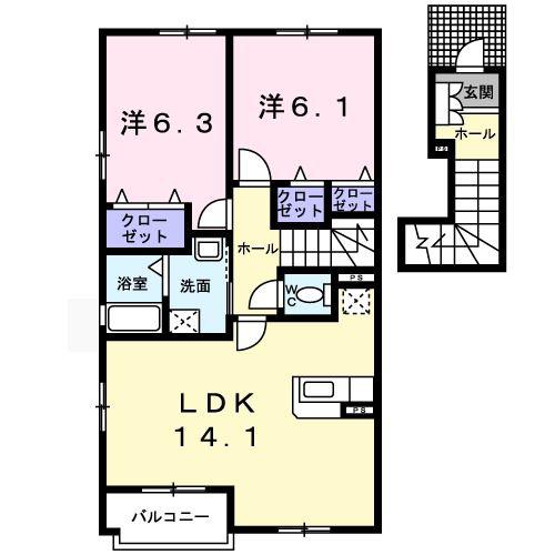 ミ・カーサ螢が丘(2LDK/2階)の間取り写真