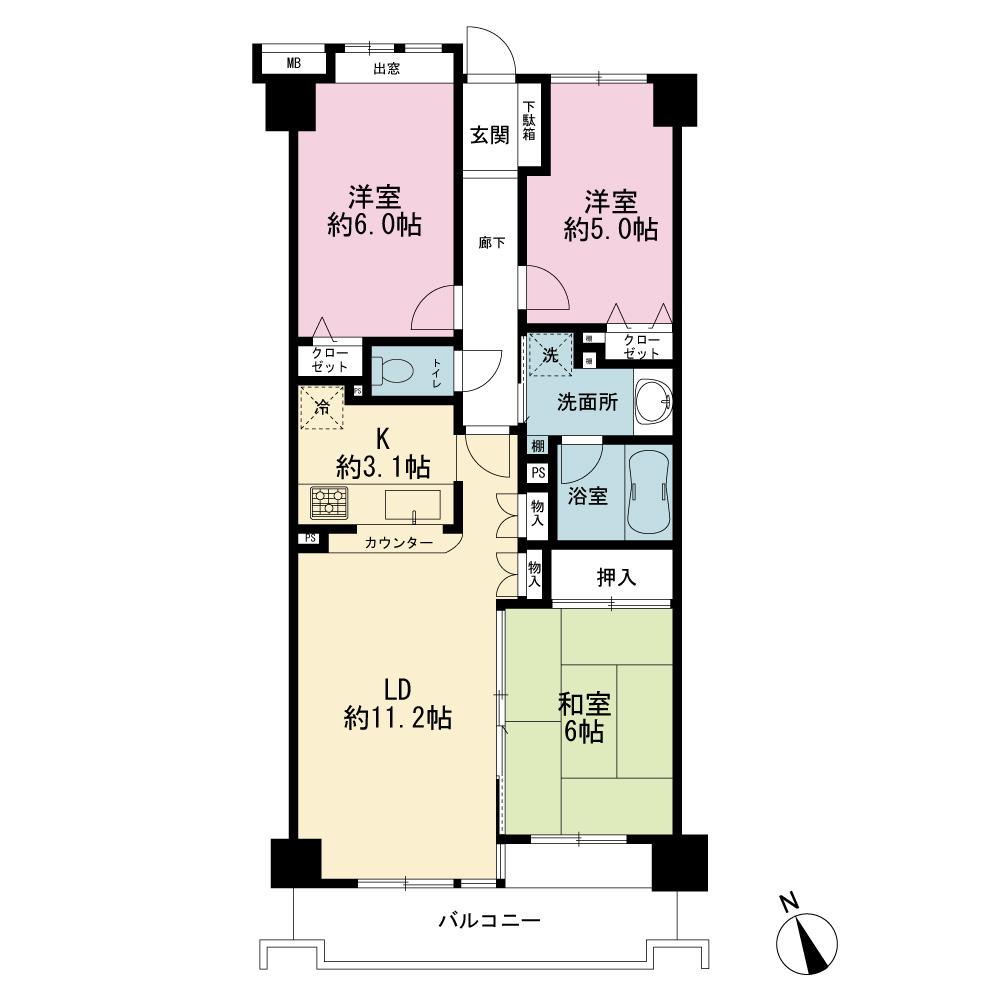 コスモ港南丸山台(3LDK/1階)の間取り写真