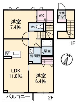 ラ・ヴィータ尾上(2LDK/2階)の間取り写真