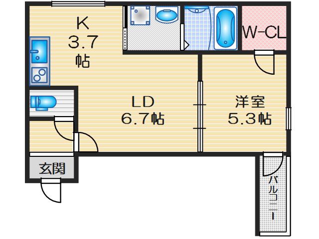 フジパレス岸部中(1LDK/1階)の間取り写真