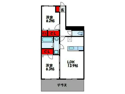 グランシャリオ古賀駅前(2LDK/1階)の間取り写真