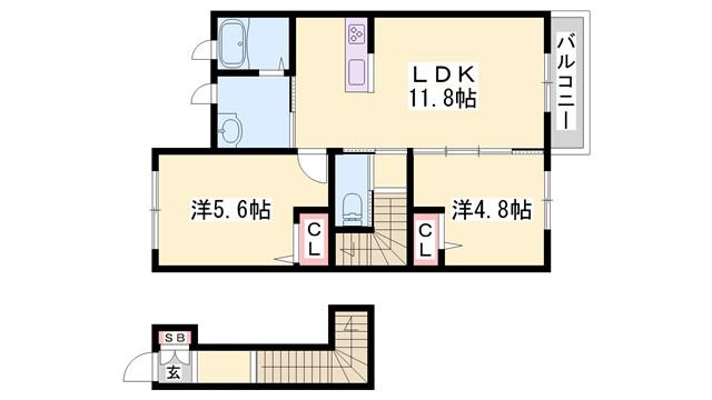 カーサグラス育ヶ丘II(2LDK/2階)の間取り写真