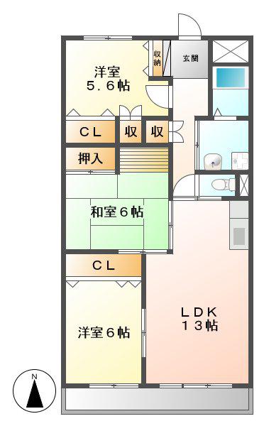 第3光ハイツ(3LDK/6階)の間取り写真