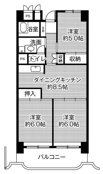 ビレッジハウス岐阜タワー1号棟(3DK/9階)の間取り写真