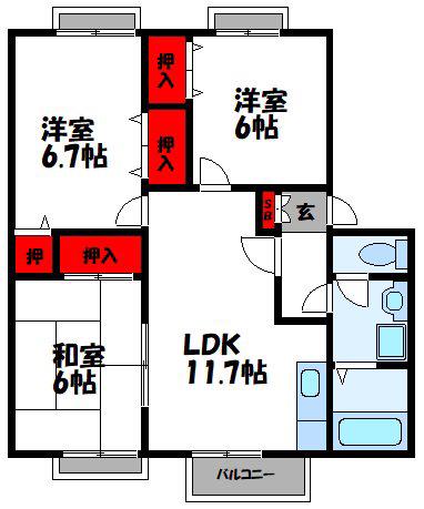 ティアラ安川(3LDK/2階)の間取り写真