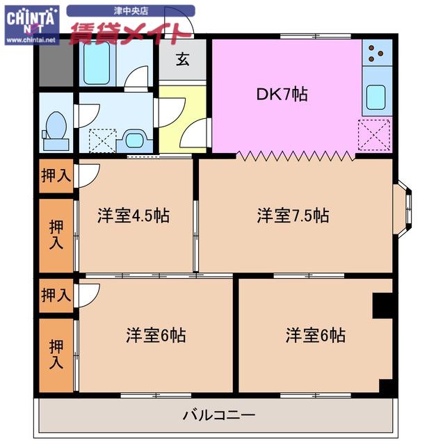 ガーデンヒルズ1号館(4DK/2階)の間取り写真