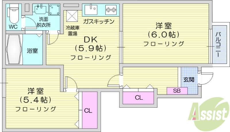 グランデパインヒルズC(2DK/1階)の間取り写真