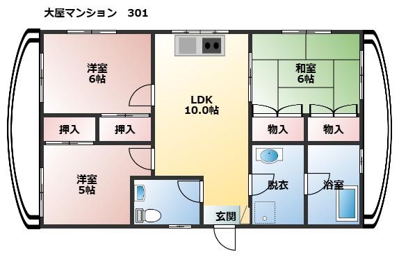大屋アパート(3LDK/3階)の間取り写真